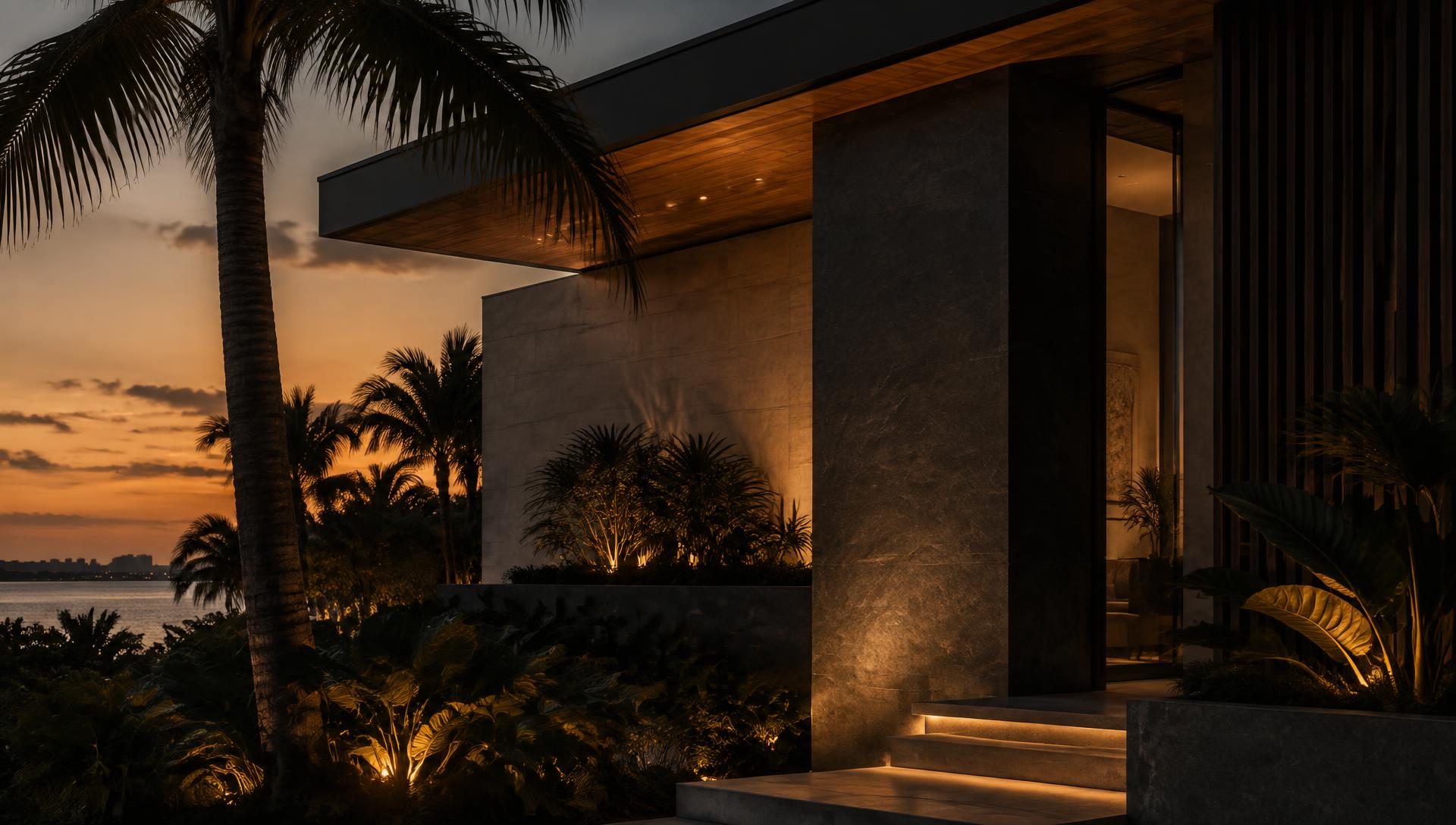Residential architecture at twilight with warm accent lighting